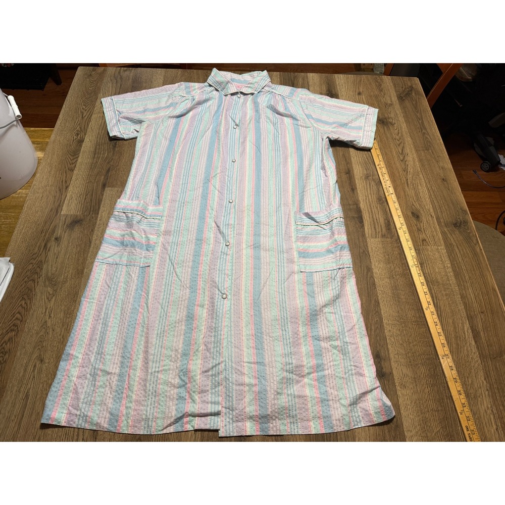 Heather Collection House Dress Women XL Pastel Striped Seersucker Robe Excellent
